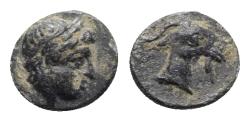 Ancient Coins - Aeolis, Aigai, 4th-3rd centuries BC. Æ 10mm. Laureate head of Apollo R/ Head of goat