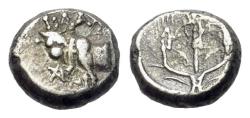 Ancient Coins - Bythinia, Calchedon (circa 387/6-340 B.C.) AR Hemidrachm Forepart of bull  R/ Three cornears