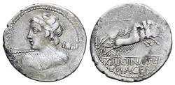 Ancient Coins - ROME REPUBLIC C. Licinius L. f. Macer. 84 BC. AR Denarius, Rome. R/ Minerva driving quadriga