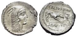 Ancient Coins - ROME REPUBLIC Roman Republican. Lucius Papius Celcus (c. 45 BC) AR Denarius. Head of Juno Sospita / WOLF Exceptional quality for the type