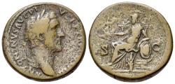 Ancient Coins - Antoninus Pius (138-161). Æ Sestertius. Rome, AD 147. R/ Roma seated
