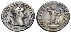 Ancient Coins - Domitian (81-96). AR Denarius (18mm, 2.88g, 6h). Rome. Laureate head r. R/ Minerva, holding spear and shield, standing r.
