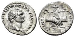 Ancient Coins - Domitian (As Caesar, AD 69-81). AR Denarius. Rome mint. Struck under Vespasian AD 79, to 24 June. R/ Clasped right hands holding aquila set on prow