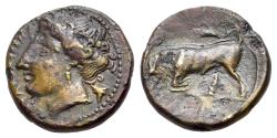 Ancient Coins - Sicily, Syracuse Time of Hieron II (circa 275-265 BC). Æ 15mm. Wreathed head of Kore R/ BULL