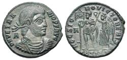Ancient Coins - Vetranio (AD 350). Æ Maiorina. Siscia. R/ Emperor standing left with labarum and sceptre, crowned by Victory