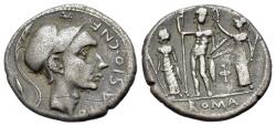Ancient Coins - ROME REPUBLIC Cn. Blasio Cn.f. 112-111 BC. AR Denarius Head of Scipio Africanus R/ Jupiter standing between Juno and Minerva