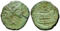 Ancient Coins - Sextus Pompey, Sicilian mint, 43-36 BC. Æ As. Laureate head of Janus with features of Pompey the Great. R/ Prow of galley