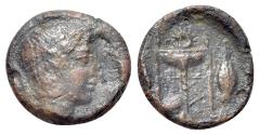 Ancient Coins - Sicily, Leontinoi, c. 405-402 BC. Æ Onkia. R/ Tripod; kithara within legs, barley grains flanking