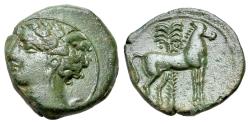 Ancient Coins - The Carthaginians in Sicily and North Africa, Carthage or Sicily circa 340-320, Æ 16mm. Wreathed head of Tanit. R/ HORSE