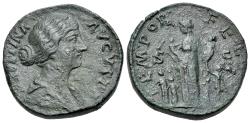 Ancient Coins - Faustina Junior (Augusta, AD 147-175). Æ Sestertius. Rome mint. R/ Faustina standing, holding two infants. Struck under Marcus Aurelius and Lucius Verus.