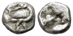 Ancient Coins - Macedon, Eion, c. 5th century BC. AR Trihemiobol. Goose standing, lizard above