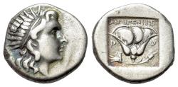 Ancient Coins - Islands of Caria, Rhodes, c. 188-170 BC. AR Drachm. Antigenes, magistrate. Radiate head of HELIOS R/ ROSE