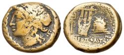 Ancient Coins - Italy, Campania, Neapolis, c. 250-225 BC. Æ. Laureate head of Apollo l. within laureate wreath. R/ Lyre leaning against omphalos; caduceus to l.