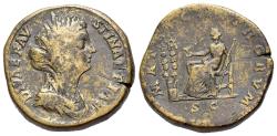 Ancient Coins - Diva Faustina Jr., wife of Marcus Aurelius. Died 175 AD. Æ Sestertius. Struck 176 AD and later. R/ Faustina seated left