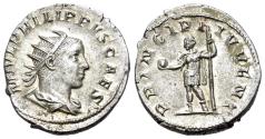 Ancient Coins - Philip II (Caesar, 244-247). AR Antoninianus, c. 244-246. R/ PRINCIPI IVVENT Prince standing