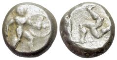 Ancient Coins - Pamphylia, Aspendos, c. 465-430 BC. AR Stater. Warrior  R/ Triskeles