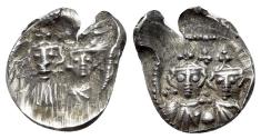 Ancient Coins - Constans II with Constantine IV, Heraclius and Tiberius (641-668). AR Half Siliqua. Carthage, 662-668. RARE