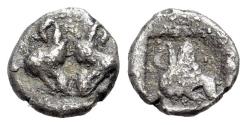 Ancient Coins - Lesbos. Uncertain mint, c. 478-460 BC. AR Hemiobol. Confronted heads of two boars. R/ Head of boar