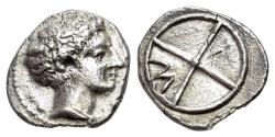 Ancient Coins - Gaul, Massalia, c. 410-380. AR Obol. R/ M within four-spoked wheel