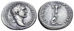 Ancient Coins - Trajan (AD 98-117). AR Denarius. "Dacia Capta" commemorative. Rome mint. Struck circa AD 103-107. R/ Dacian captive seated at foot of trophy.