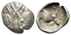 Ancient Coins - Caria, Uncertain, c. 5th century BC. AR Tetartemorion. Confronted bull heads. R/ Forepart of bull r