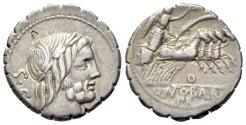 Ancient Coins - ROME REPUBLIC Q. Antonius Balbus, Rome, 83-82 BC. AR Serrate Denarius. Laureate head of Jupiter  R/ Victory driving quadriga