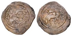 Ancient Coins - Arab-Sasanian, Umayyad Caliphate. temp. 'Abd al-Malik ibn Marwan to al-Walid I ibn 'Abd al-Malik. (AH 65-96 / AD 685-715). Æ Pashiz. Arab-Byzantine type. Bishapur mint VERY RARE