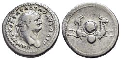 Ancient Coins - Divus Vespasian (died AD 79). AR Denarius. Rome mint. Struck under Titus, AD 80-81. R/ Capricorns