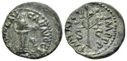 Ancient Coins - Nero (54-68). Æ Quadrans. Rome, AD 65. Helmet on column; shield and spear. R/ Branch