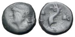 Ancient Coins - Ionia, Phokaia, c. 300 BC. Æ 14.5mm. R/ Griffin head; pilei of the Dioskouroi flanking.