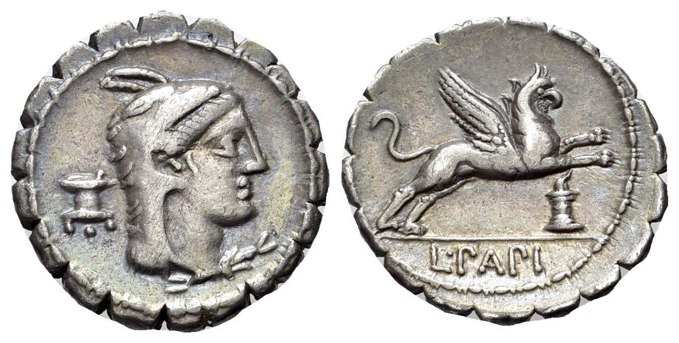 ROME REPUBLIC L. Papius. 79 BC. AR Serrate Denarius. Head of Juno ...