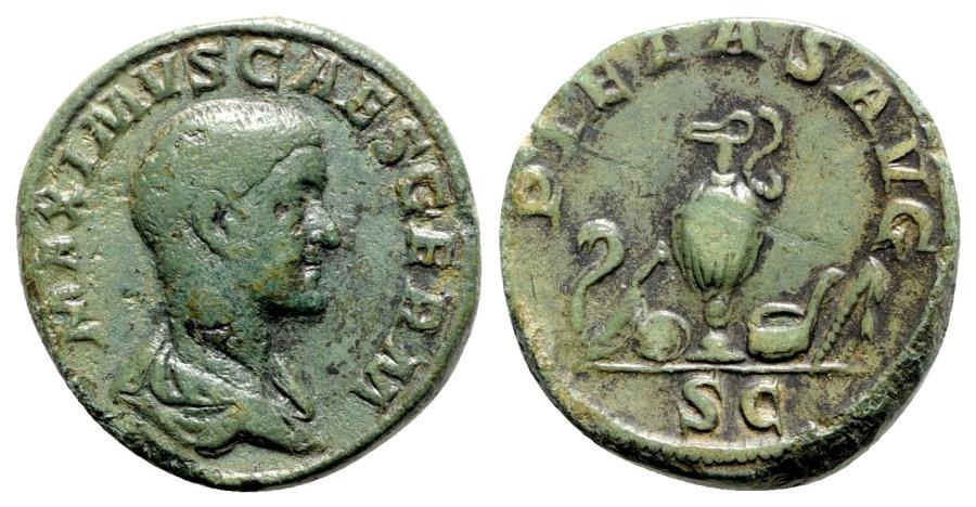 Ancient Coins - Maximus (Caesar, 235/6-238). Æ Sestertius - Rome - R/ Emblems of the pontificate