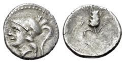 Ancient Coins - ITALY Northern Apulia, Arpi, c. 215-212 BC. AR Obol. Head of Athena R/ Barley-ear.