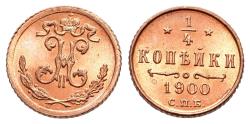 World Coins - Russia, Nicholas II (1894-1917). CU 1/4 Kopek 1900 СПБ, St. Petersburg Mint, Bitkin# 311. UNC with burning mint luster