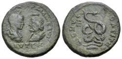 Ancient Coins - Moesia Inferior. Dionysopolis. Gordian III (238-244), with Serapis. Æ Pentassarion. Draped busts of Gordian. R/Serpent-shaped Glycon coiled, bearded head r..