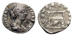 Ancient Coins - Diva Faustina Junior (died 175). AR Denarius - R/ Throne with peacock