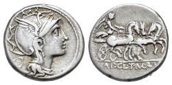 Ancient Coins - ROME REPBLIC T. Mallius Mancinus, Ap. Claudius Pulcher, and Q. Urbinius. 111-110 BC. AR, Denarius. R/ Victory driving fast quadriga