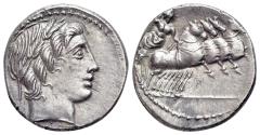 Ancient Coins - ROME REPUBLIC Gargilius, Ogulnius and Vergilius, Rome, c. 86 BC. AR Denarius. Head of Apollo Vejovis R/ Jupiter driving quadriga