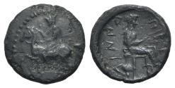 Ancient Coins - Thessaly, Pelinna, late 4th-3rd centuries BC. Æ Chalkous. Thessalian horseman. R/ R/ Mantho, veiled and draped, seated