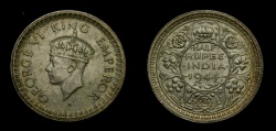 World Coins - BRITISH INDIA 1944, HALF RUPEE, KM-551, AU