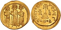 Ancient Coins - Heraclius, with Heraclius Constantine and Heraclonas. 610-641. AV Solidus (21mm, 4.41 g, 6h). Constantinople mint, 3rd officina. Dated IY 12 (638/9). EF