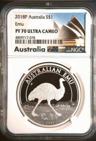 World Coins - 2018P Australia Emu $1 .999 Pure Silver 1 Oz. PF 70 Ultra Cameo NGC Certified