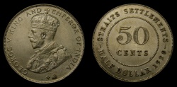 World Coins - 1920 Straits Settlements 50 Cents .900 Silver KM #35.1 BU