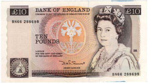 World Coins - England 1975-1980 10 Pounds Portrait of Queen Elizabeth II Bank of England P379b AUNC