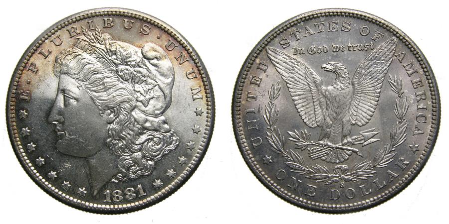 US Coins - United States Moragan Silver Dollar 1881-S Light Toning Choice BU San Francisco Mint