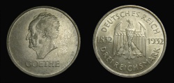 World Coins - Germany 1932-D, 3 Reichsmark, Goethe, KM-76 (Mintage 56,000), EF+