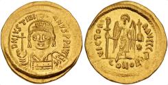 Ancient Coins - Justinian I. 527-565. AV Solidus (21mm, 4.50 g, 5h). Constantinople mint, 3rd officina. Struck 542-552. EF