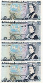 World Coins - England  1973-1980 Four Consecutive British 5 Pounds P378a UNC BN78 672786,672787, 672788 and672789