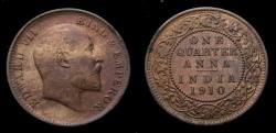 World Coins - India 1910 1/4 Anna King Edward VII KM#502 UNC