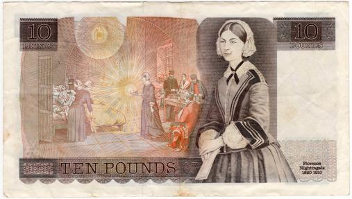World Coins - England 1980-1984 10 Pounds Queen Elizabeth II on the front and Florence Nightingale on the reverse P379a Extra Fine